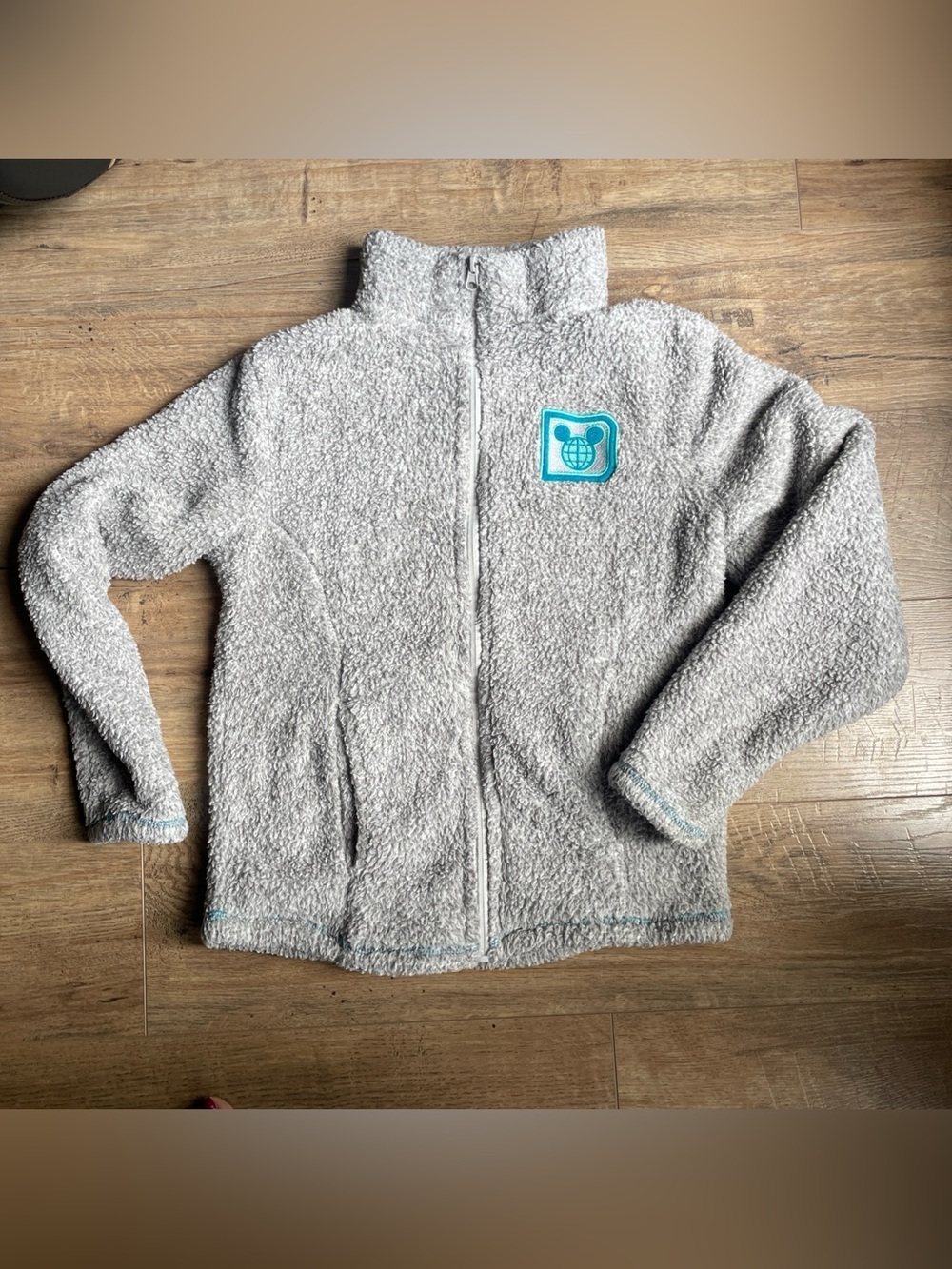 Walt Disney World Gray Fuzzy Furry Fleece Full Zip Up Jacket Women's XS Teal WDW
